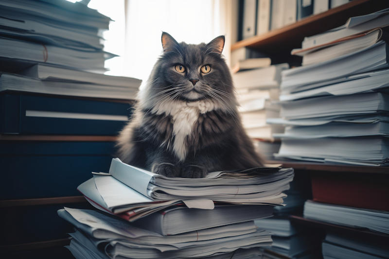 Cat sits on well organised board pack