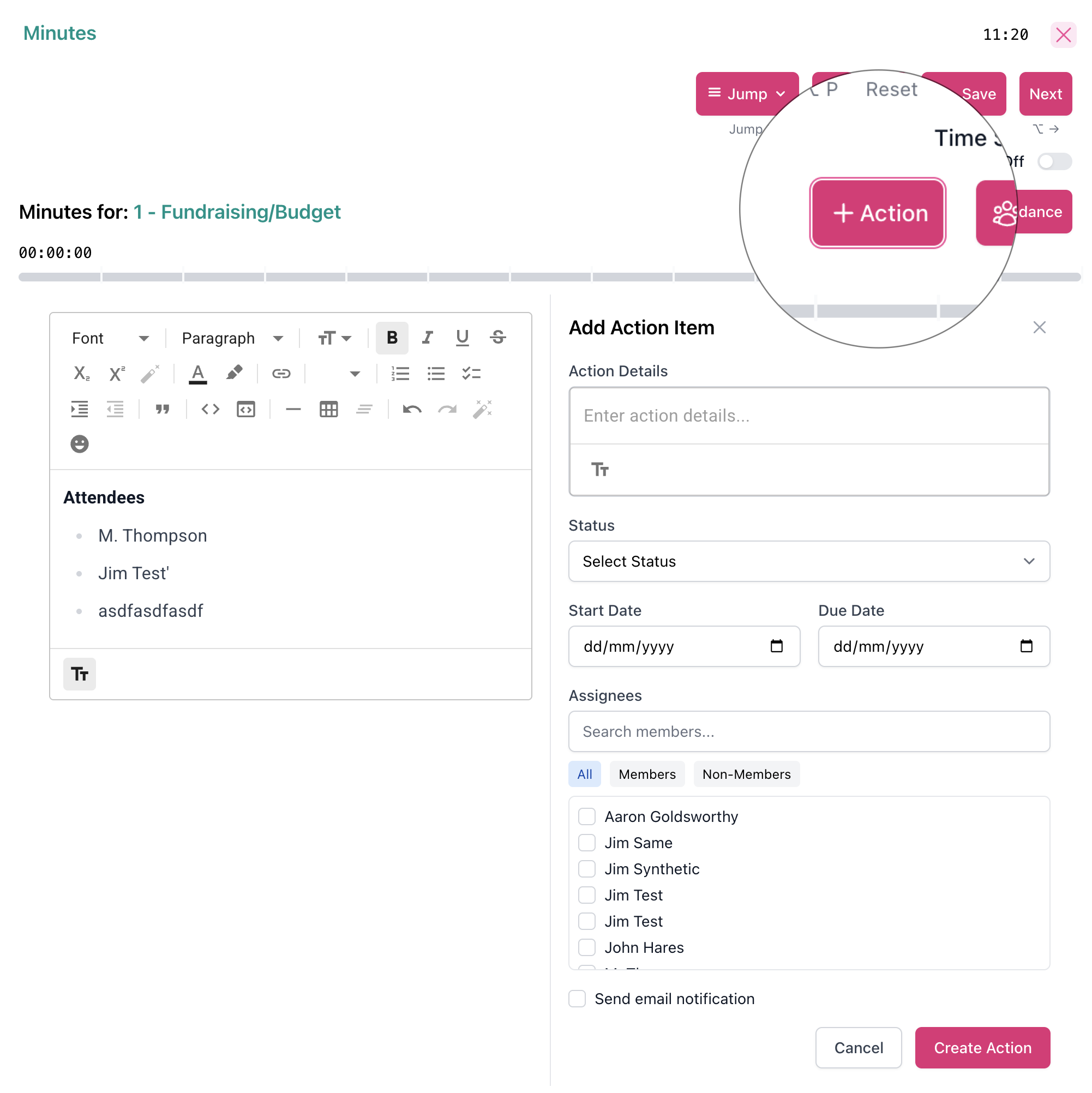 Adding an action item from the minute-taking screen