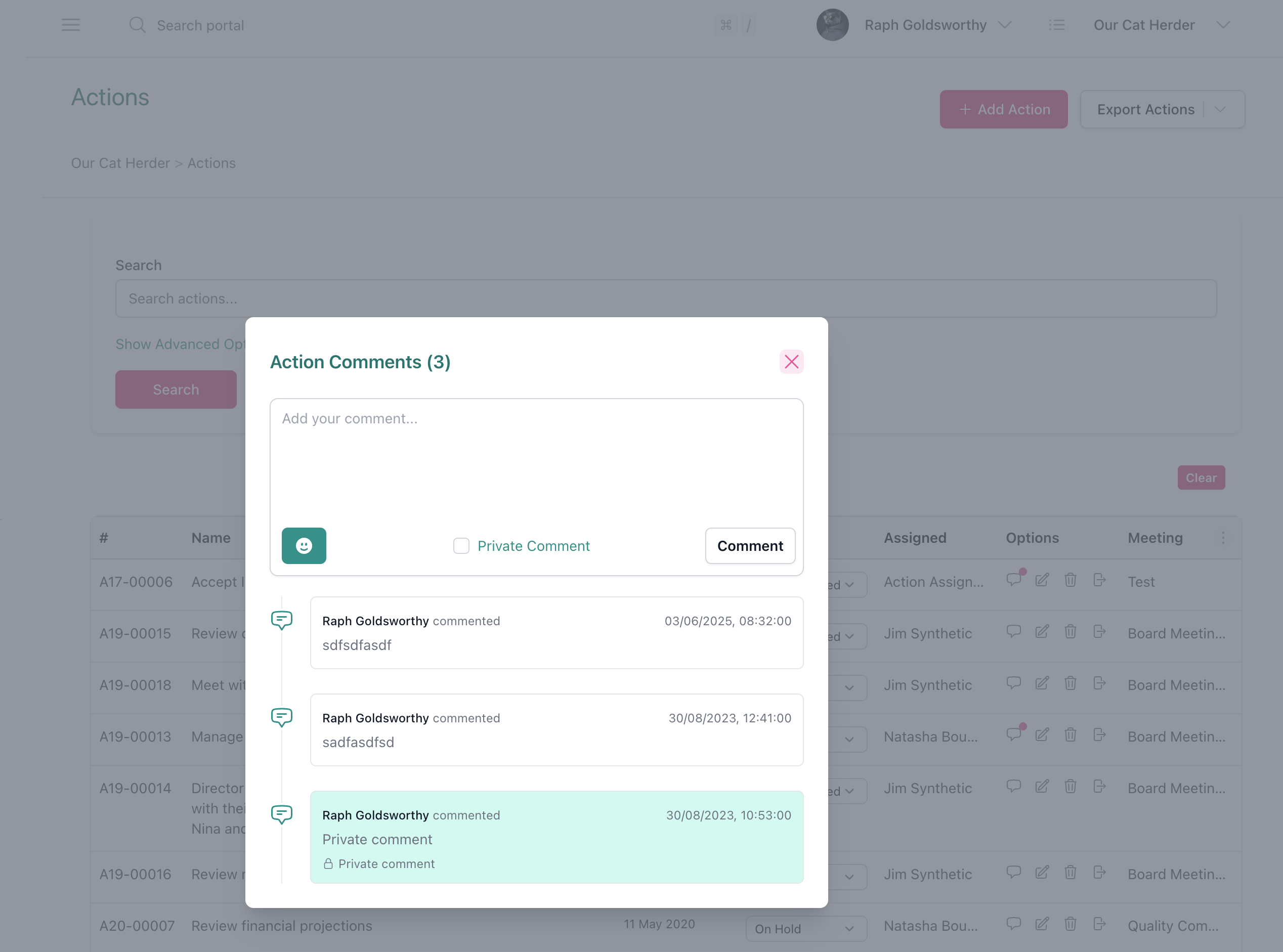 Action comments dialog showing collaboration on board meeting action items