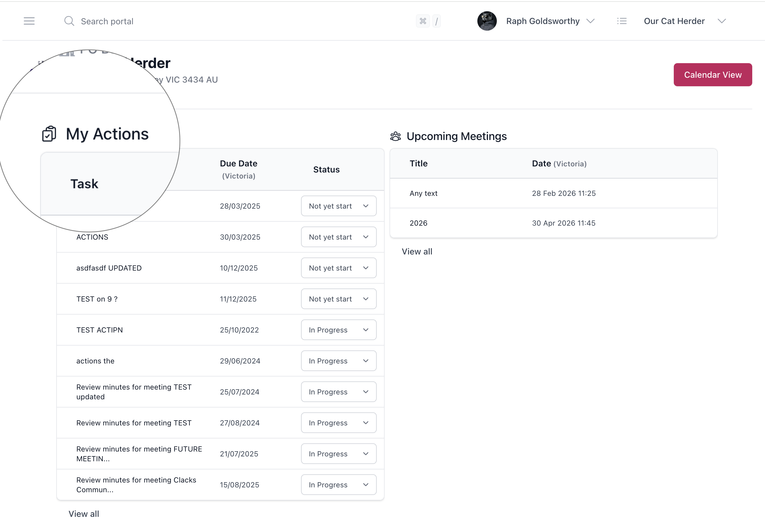 My Actions dashboard showing each board member their personal action items with due dates and status