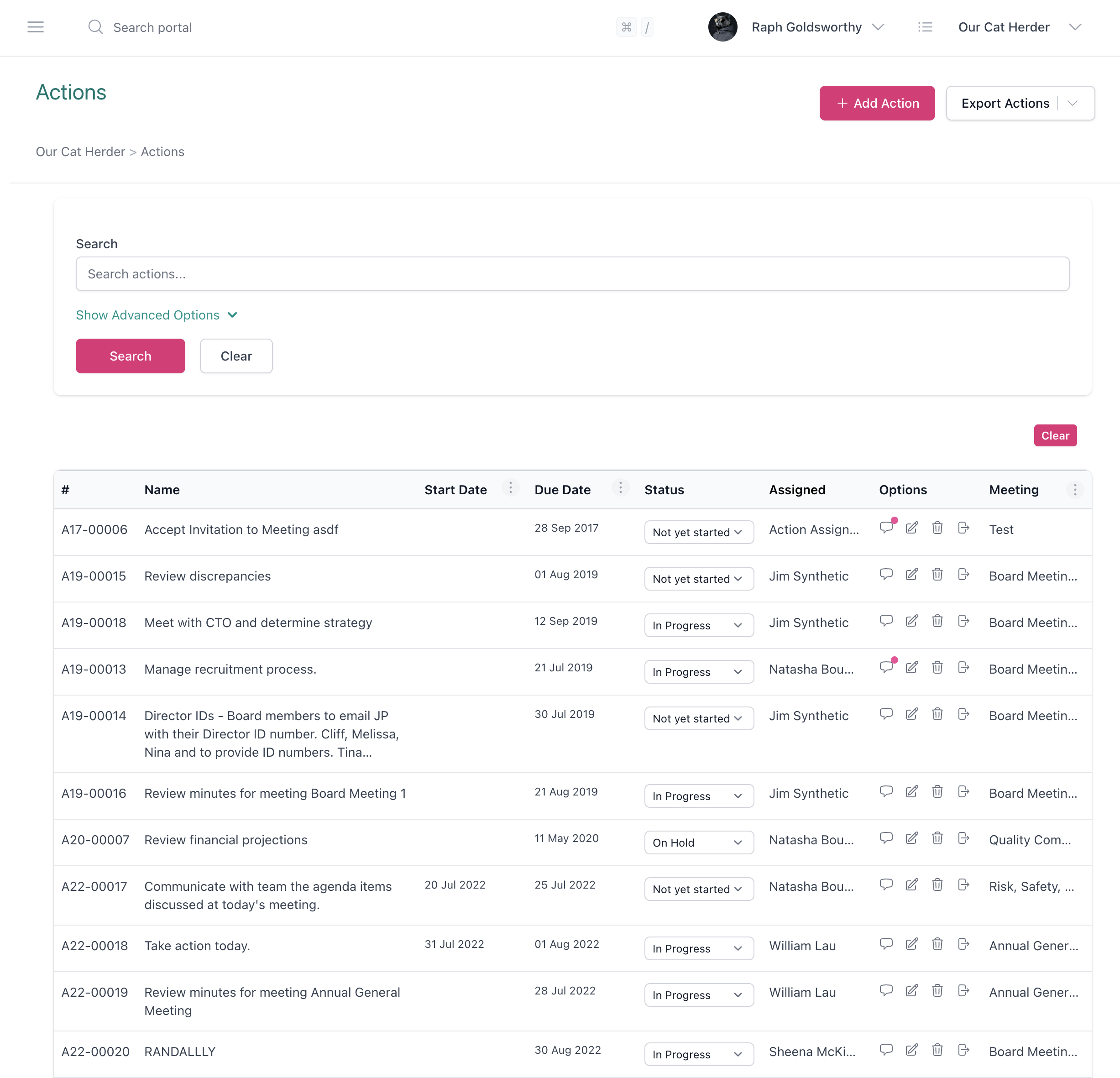 Action register in Our Cat Herder showing board meeting action items with statuses, owners, and due dates