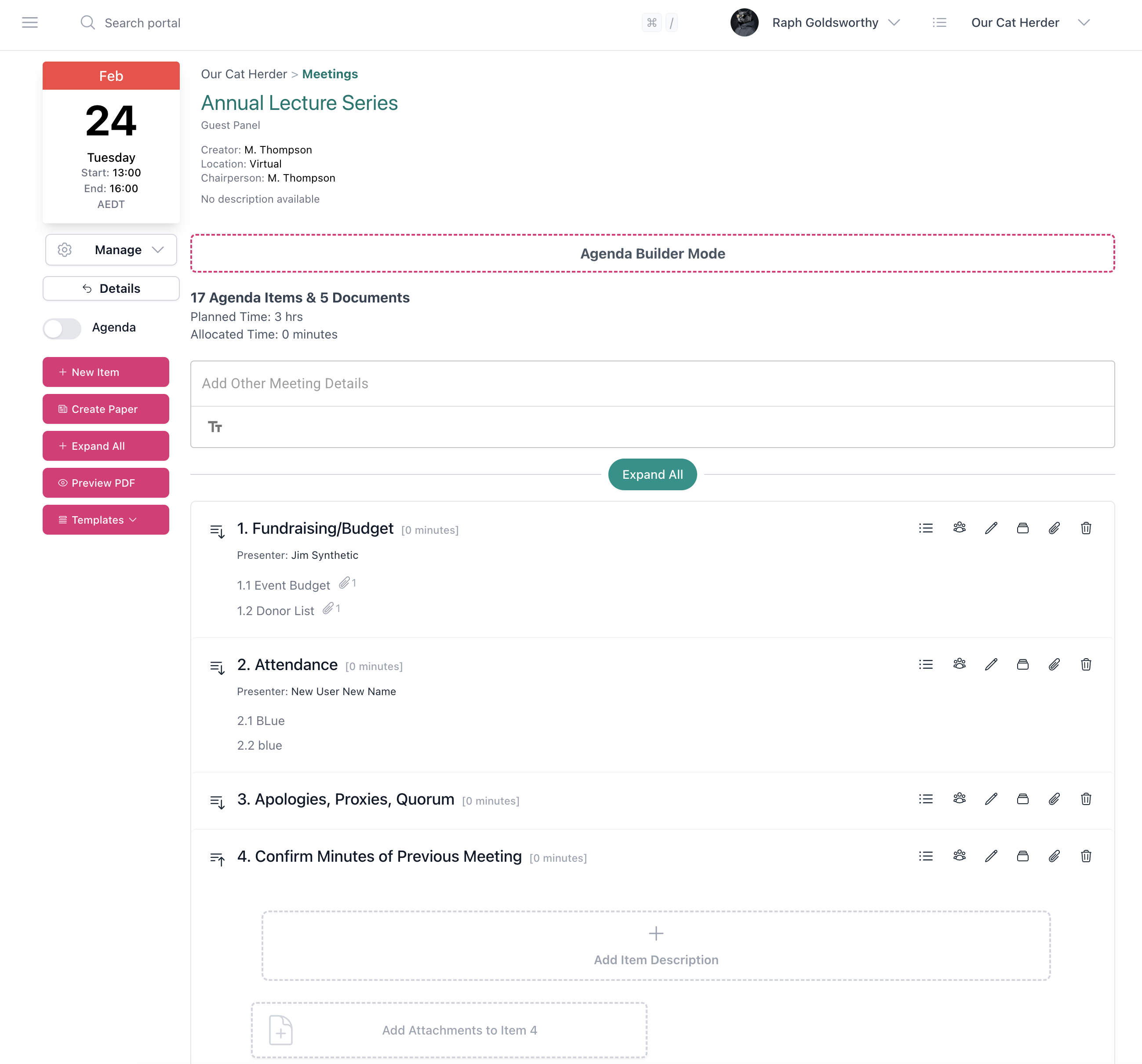 Our Cat Herder agenda builder showing structured board meeting agenda with items, presenters, and time allocations