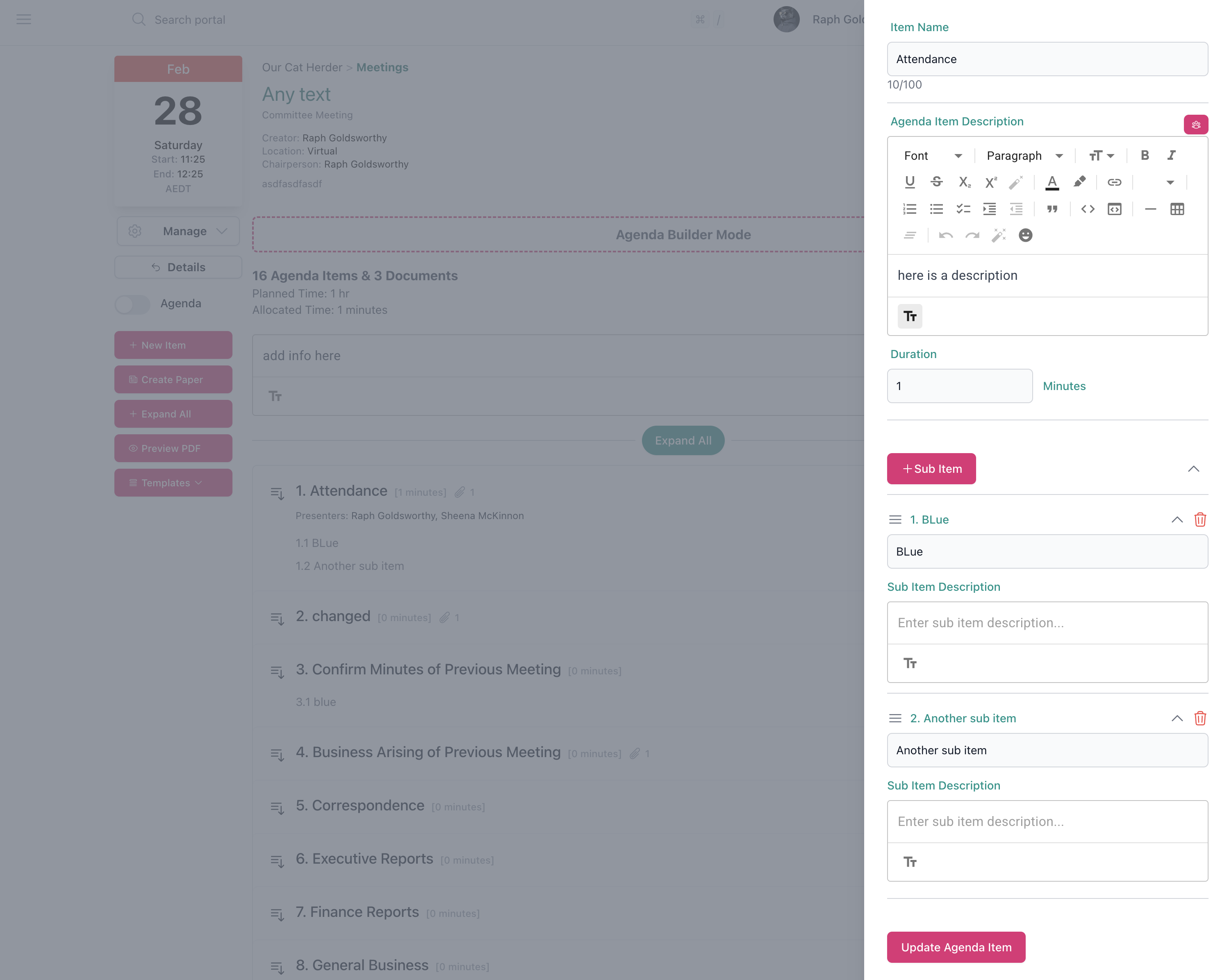 Editing an agenda item with sub-items, description, duration, and presenter assignment