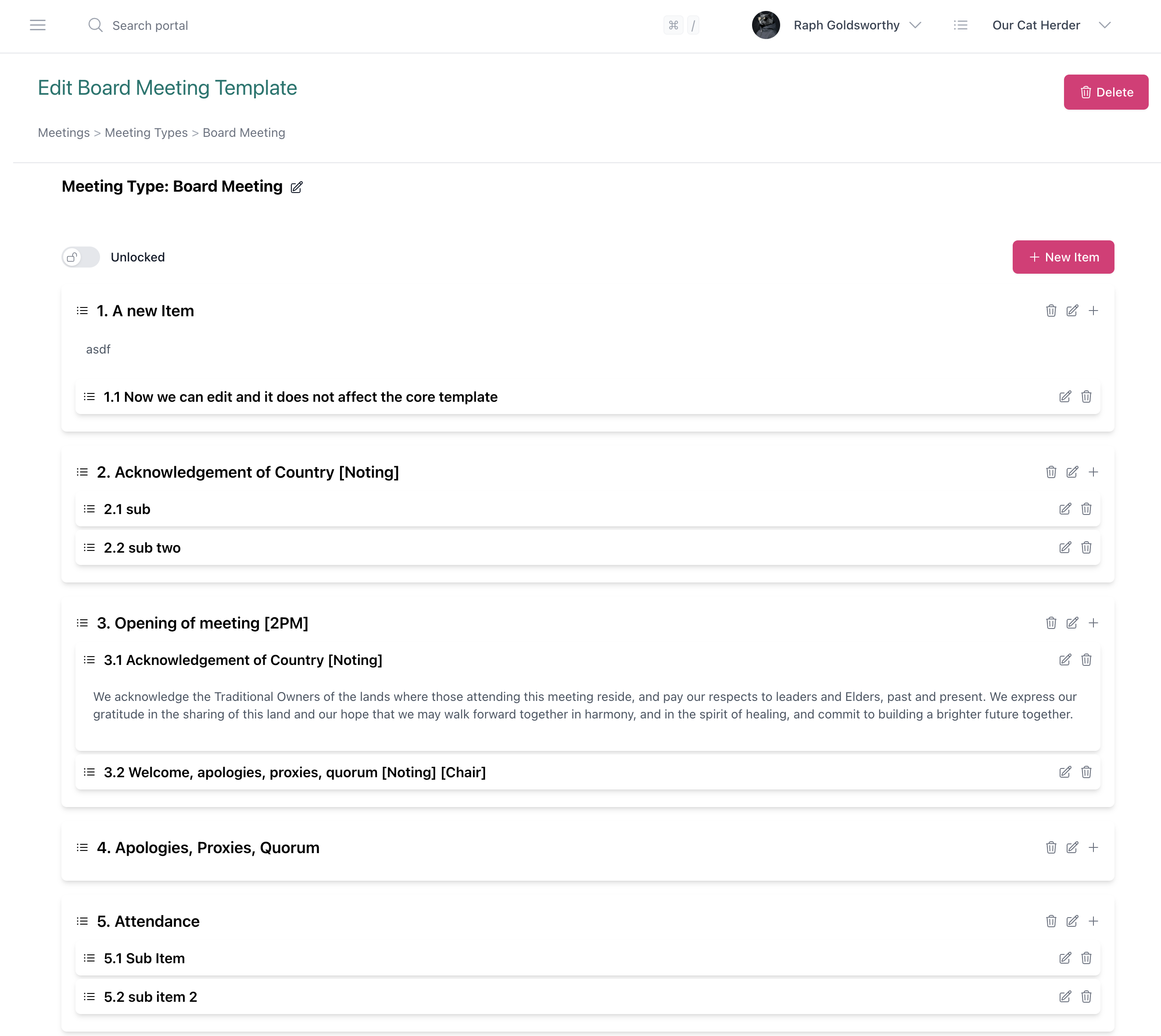 Agenda template editor in Our Cat Herder