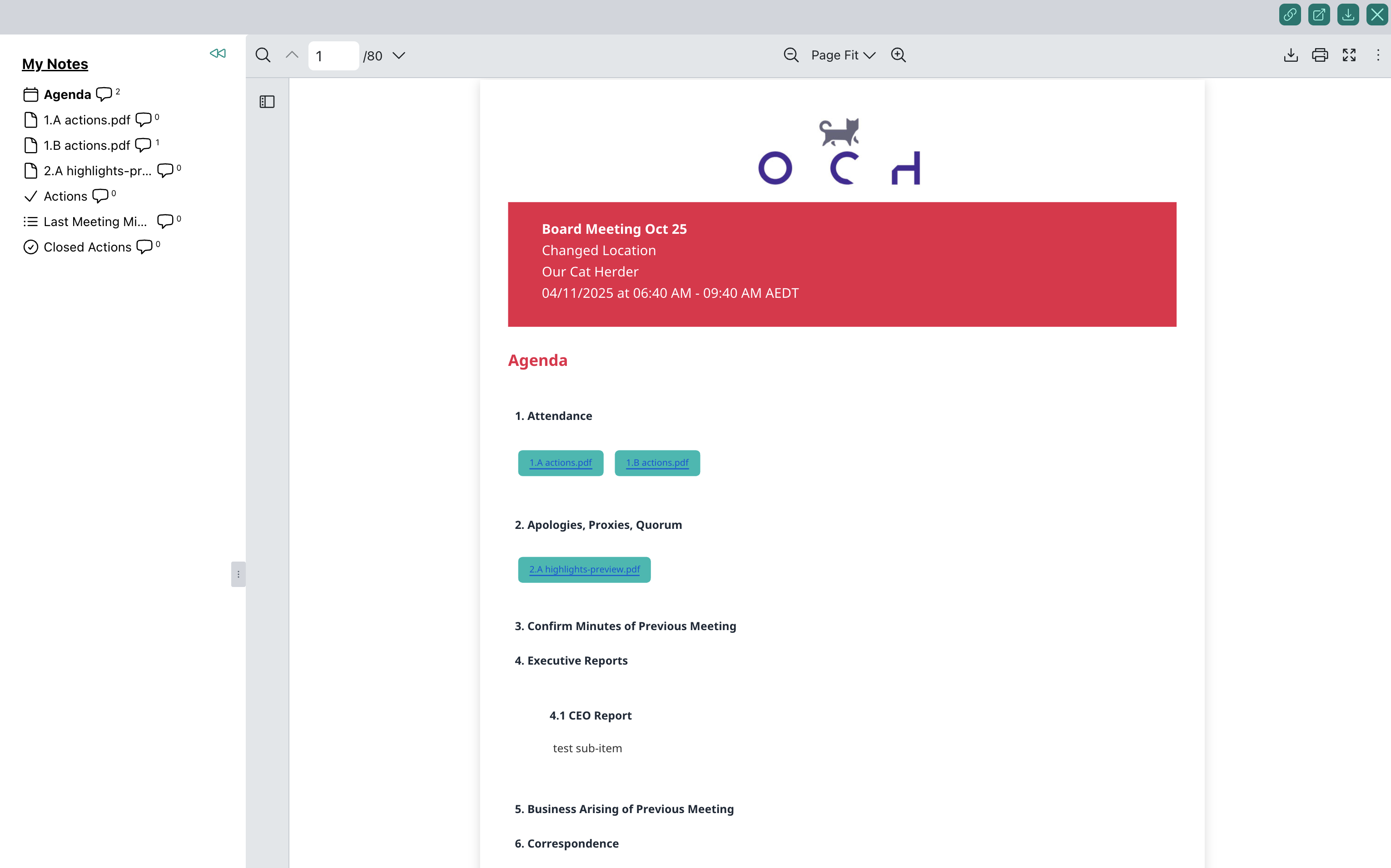 Board pack with financial papers attached to agenda items