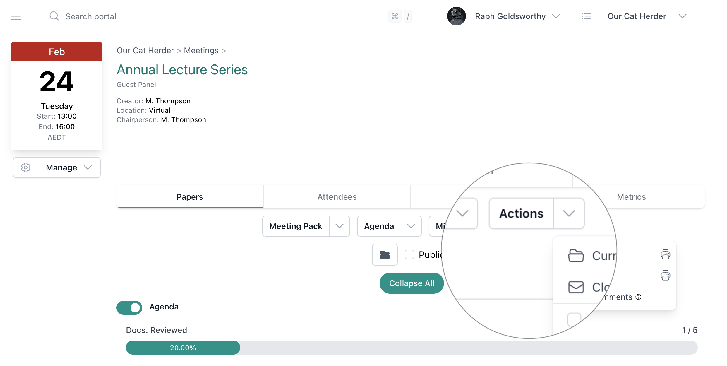 Meeting view showing the Actions dropdown with options to view current and closed action items for a board meeting