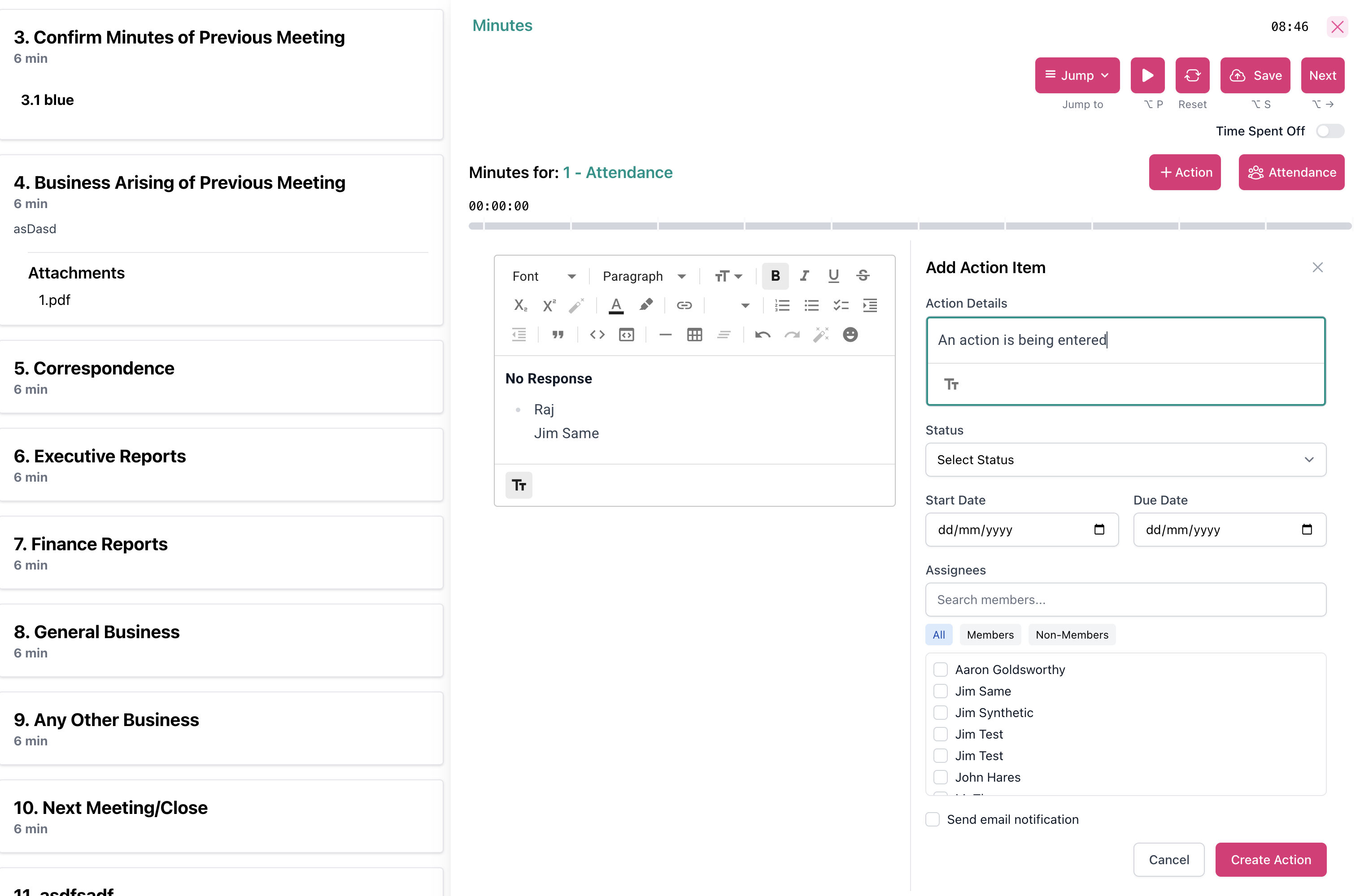 Adding action items during live board meeting minute taking