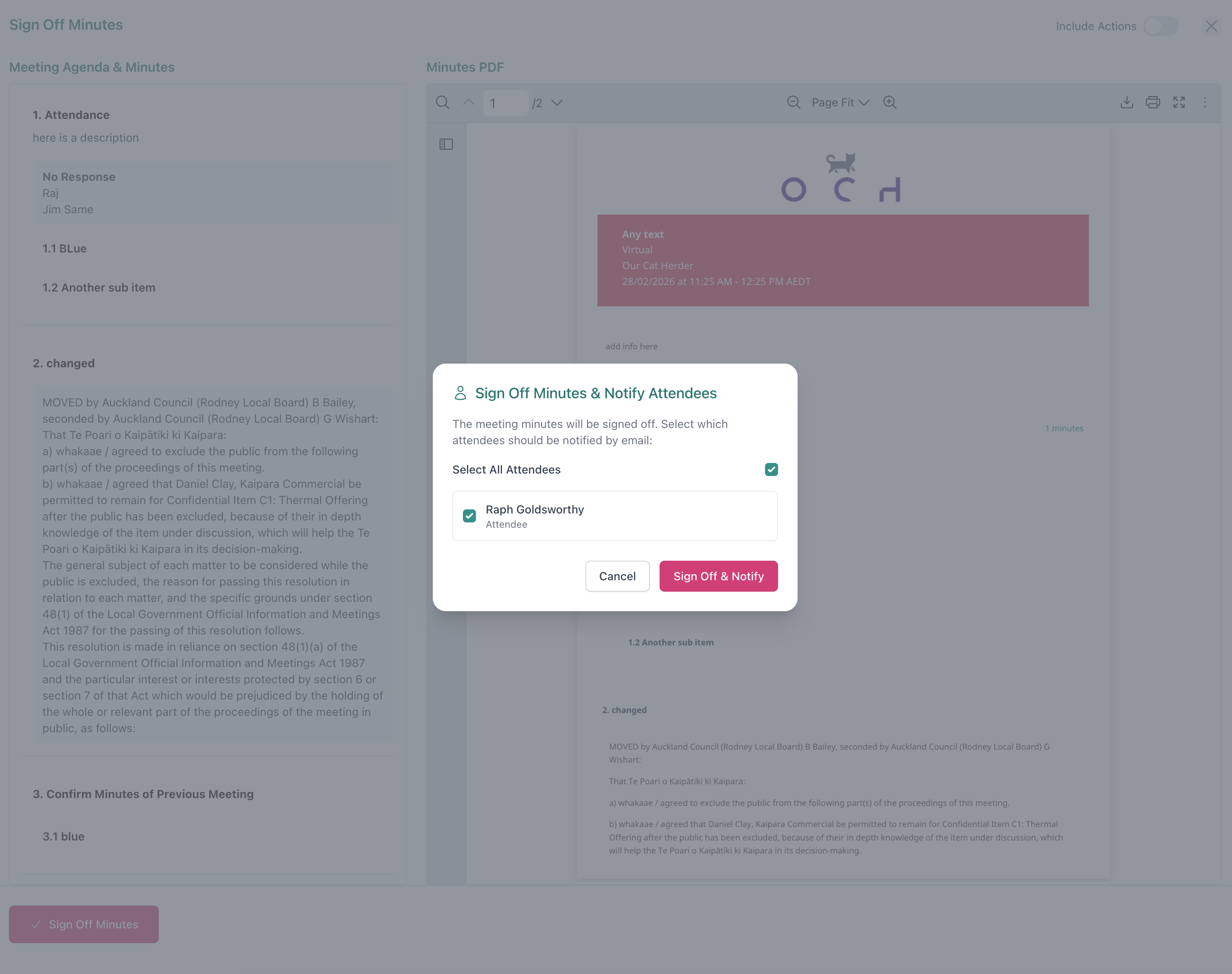 Chair sign-off dialog with attendee notification options for board meeting minutes