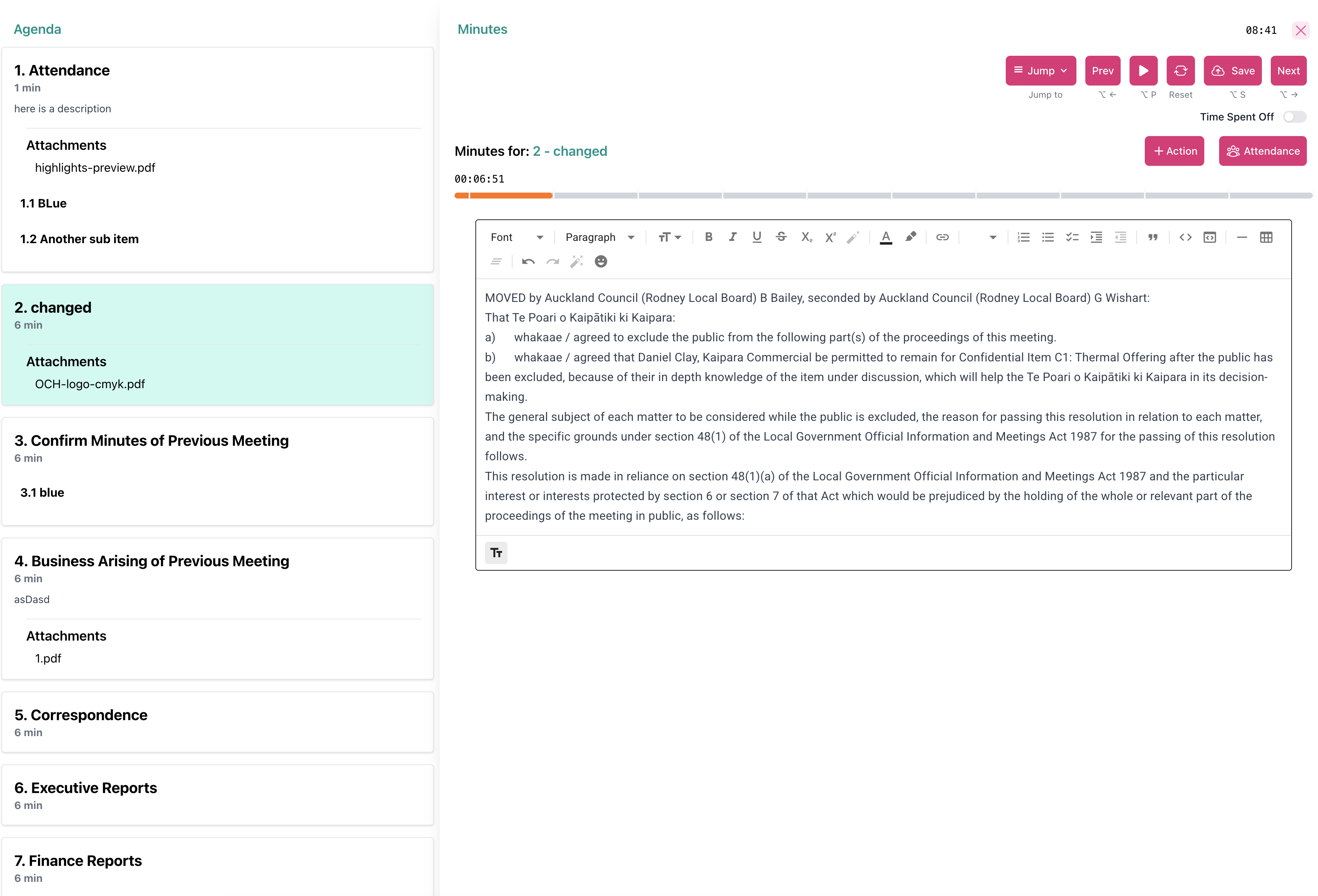 Split-screen minute-taking interface in Our Cat Herder