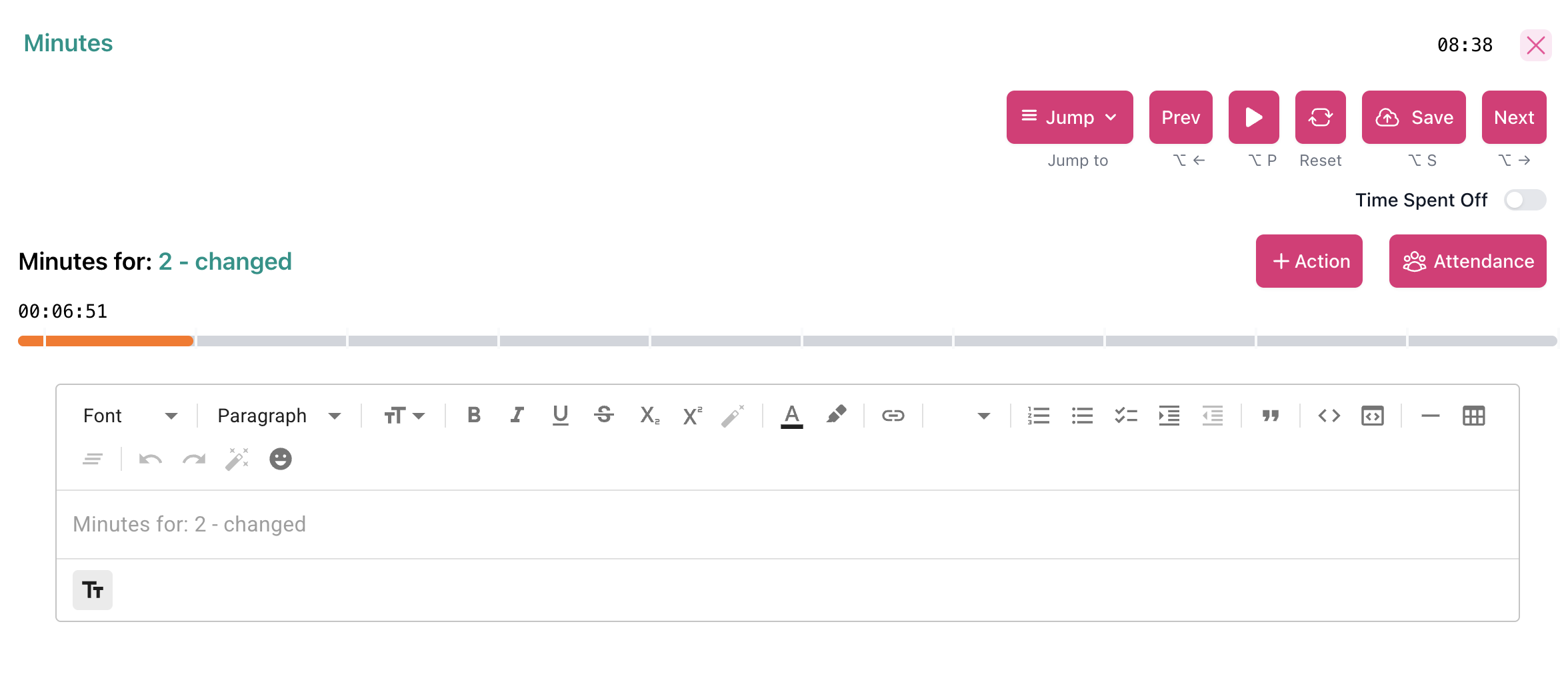 Colour-coded meeting timer showing time remaining per agenda item